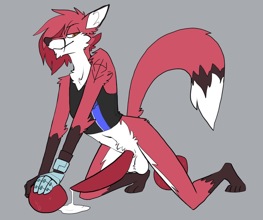 anthro balls bodily_fluids bottomless clothed clothing crop_top egg femboy genital_fluids genitals looking_at_viewer male navel penis precum shirt solo tapering_penis topwear topwear_only topazknight ash_(topazknight) canid canine fox mammal hi_res