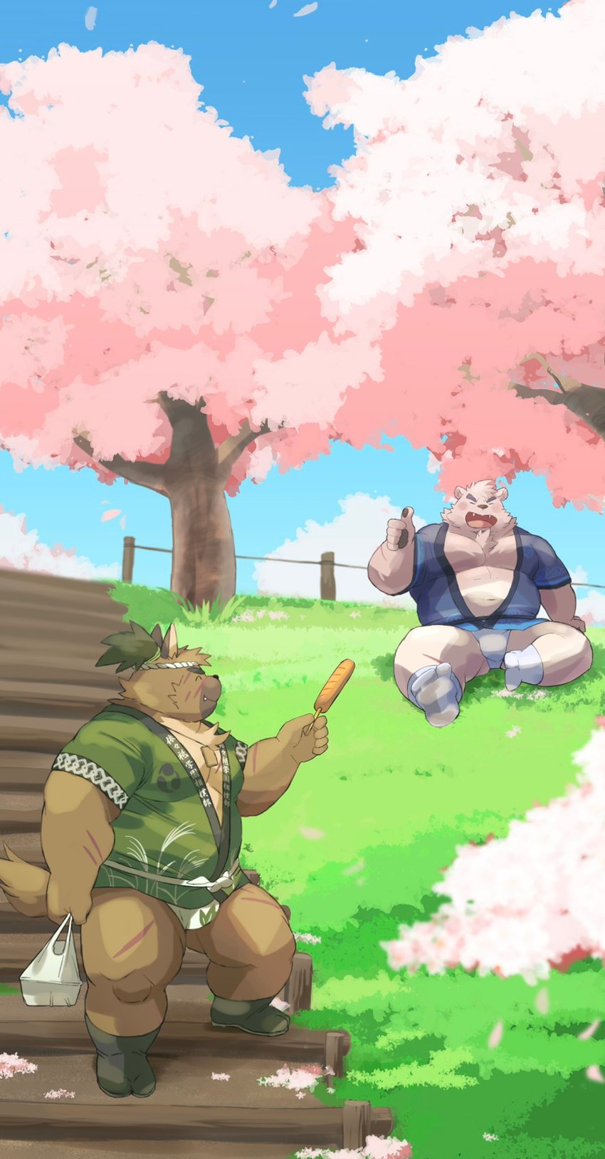 anthro asian_clothing belly big_belly black_nose brown_body cherry_blossom cherry_blossom_tree cherry_tree clothing cute_fangs detailed_background duo east_asian_clothing eyes_closed fangs flower food fruit_tree fundoshi happi_(clothing) humanoid_hands japanese_clothing kemono male outside overweight overweight_male plant prunus_(flower) sitting teeth tree underwear ayame42612 lifewonders tokyo_afterschool_summoners yasuyori_(tas) bear canid canine canis domestic_dog mammal 2022 hi_res