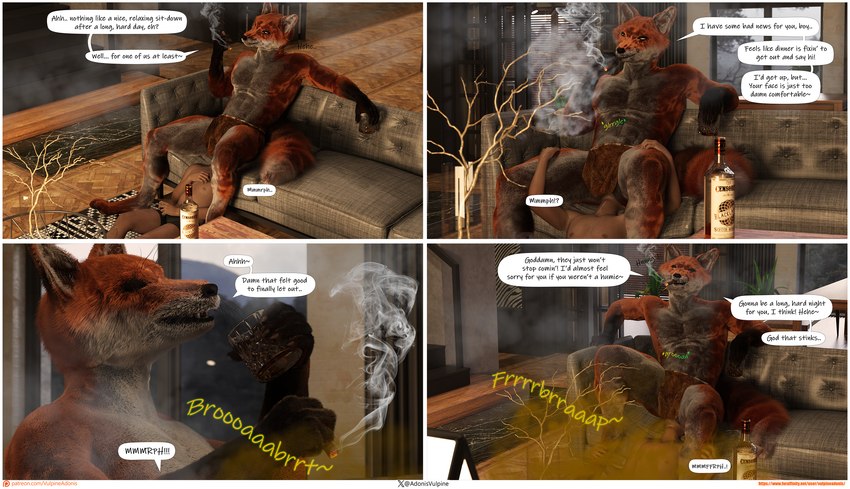alcohol alcohol_bottle alcohol_consumption asphyxiation beverage border breath_play cigar cigar_in_mouth cigar_smoke dialogue dominant duo facesitting fart fart_cloud fart_fetish farting_on_another farting_on_face forced furniture gas gassy male male/male object_in_mouth questionable_consent rumbling_stomach sitting_on_another size_difference slave smoke smoke_from_mouth smoking smothering sofa text weight_difference weightplay whiskey white_border vulpineadonis canid canine fox human mammal comic english_text hi_res