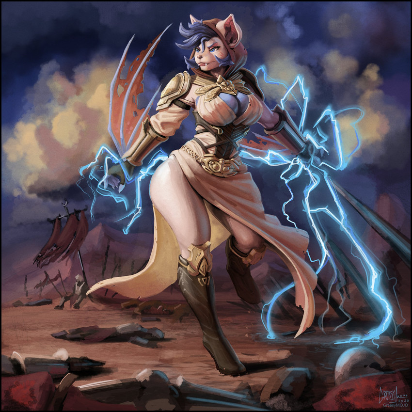 anthro armor battlefield big_breasts blue_hair boots border breasts cleavage clothed clothing dress electricity fangs female footwear hair hood lips magic_user outside pauldron shoes short_hair teeth thick_bottom_lip vambrace wide_hips greasymojo kaylin_crest bat mammal 1:1 2019 hi_res