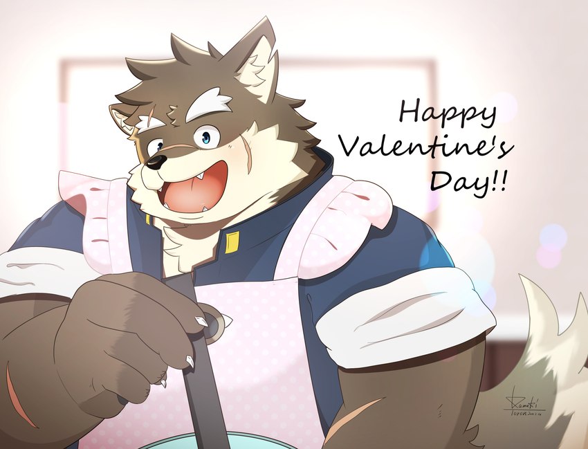 anthro apron blue_eyes blush brown_body brown_fur clothing eyebrows fur holiday_message holidays looking_at_viewer male scar smile solo text thick_eyebrows kamakitoron lifewonders tokyo_afterschool_summoners valentine's_day moritaka_(tas) canid canine canis domestic_dog mammal absurd_res english_text hi_res