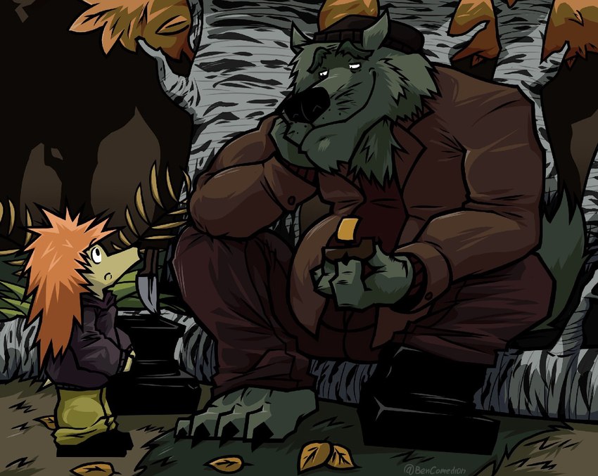 anthro black_outline claws clothed clothing duo forest fully_clothed fur green_body green_fur grey_body grey_fur hair holding_object looking_at_another looking_down looking_up male outline plant russia russian size_difference smile soviet_cartoon toy tree bencomedion ekran studio_ekran tryam!_hello! hedgehog_(tryam!_hello!) canid canine canis eulipotyphlan hedgehog mammal wolf digital_media_(artwork) full-length_portrait hi_res portrait