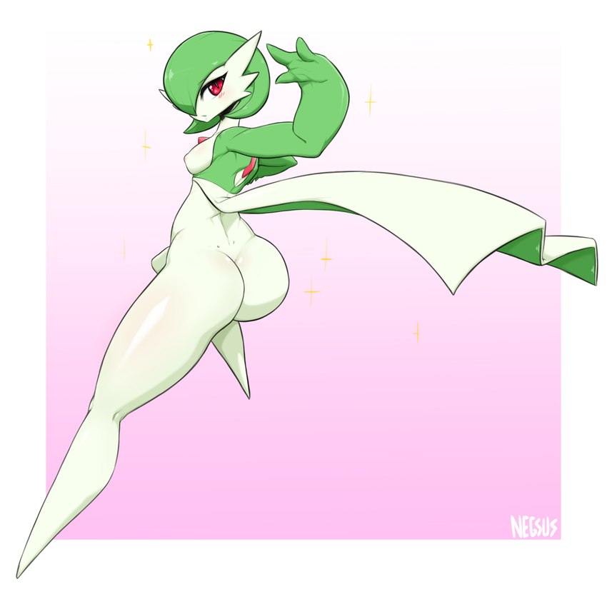 3_fingers breasts butt female fingers looking_at_viewer nipples not_furry red_eyes simple_background solo sparkles white_body white_skin negsus nintendo pokemon gardevoir generation_3_pokemon pokemon_(species) 2021 hi_res signature