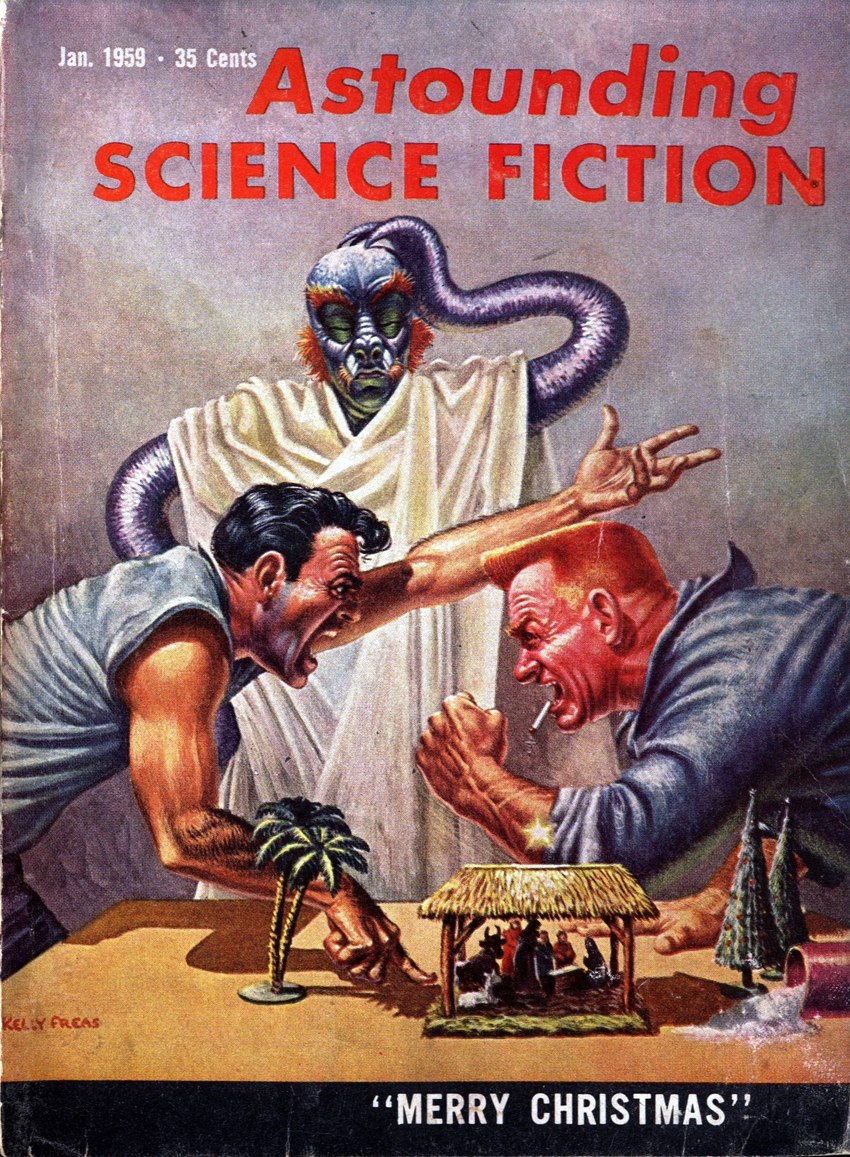 angry argument cigarette clothed clothing confusion fully_clothed hair holidays logo nativity not_furry open_mouth palm_tree plant red_hair smock text tree kelly_freas astounding_science_fiction christmas alien human mammal 1959 20th_century ancient_art cover english_text hi_res magazine_cover