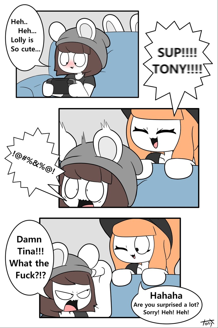 anthro blush dialogue duo female male profanity scared text tonytoran animal_crossing nintendo nintendo_switch lolly_(animal_crossing) tina_(tonytoran) tony_(tonytoran) chinchilla chinchillid lagomorph leporid mammal rabbit rodent 2021 2:3 comic english_text hi_res