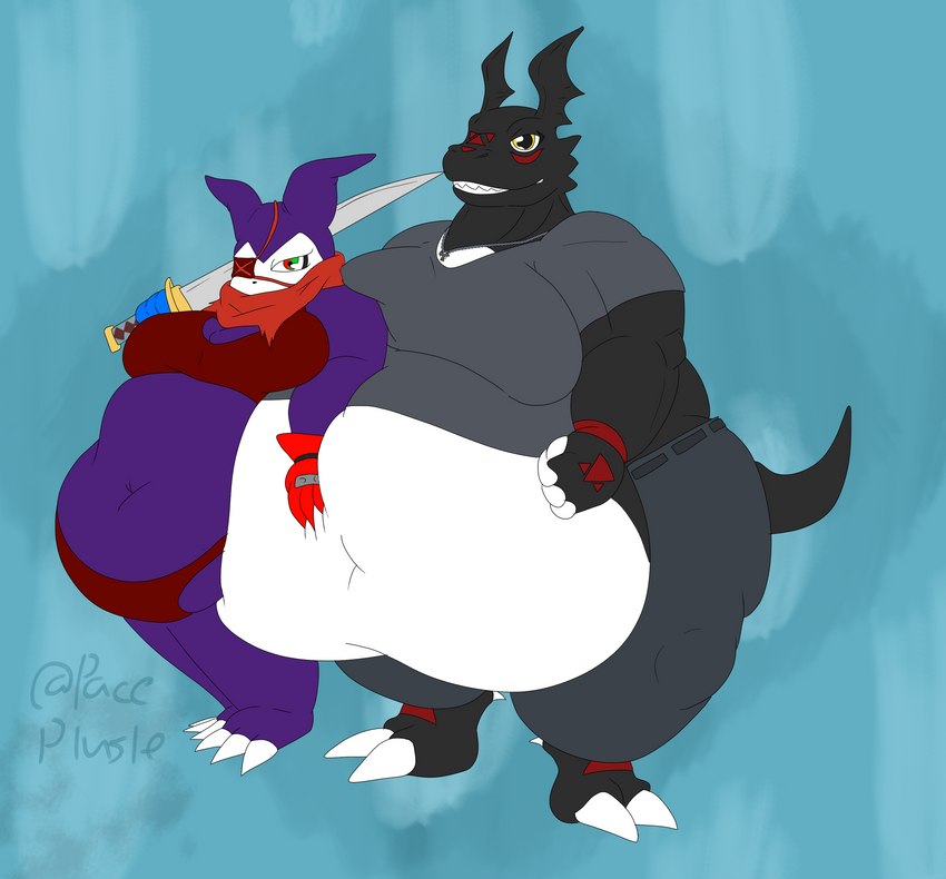 anthro big_breasts black_body black_scales breasts claws clothed clothing digital_hazard duo eye_patch eyewear fangs female head_markings katana male male/female markings melee_weapon morbidly_obese multicolored_eyes musclegut muscular obese overweight overweight_anthro overweight_female overweight_male purple_body scales scarf simple_background sword symbol tail teeth thick_thighs two_tone_eyes weapon yellow_eyes paceplusle bandai_namco digimon gundam_seed_astray mobile_suit_gundam_seed mythology blackguilmon digimon_(species) dragon guilmon impmon impmon_x mythological_creature mythological_scalie scalie x-digimon 2022 absurd_res digital_media_(artwork) hi_res