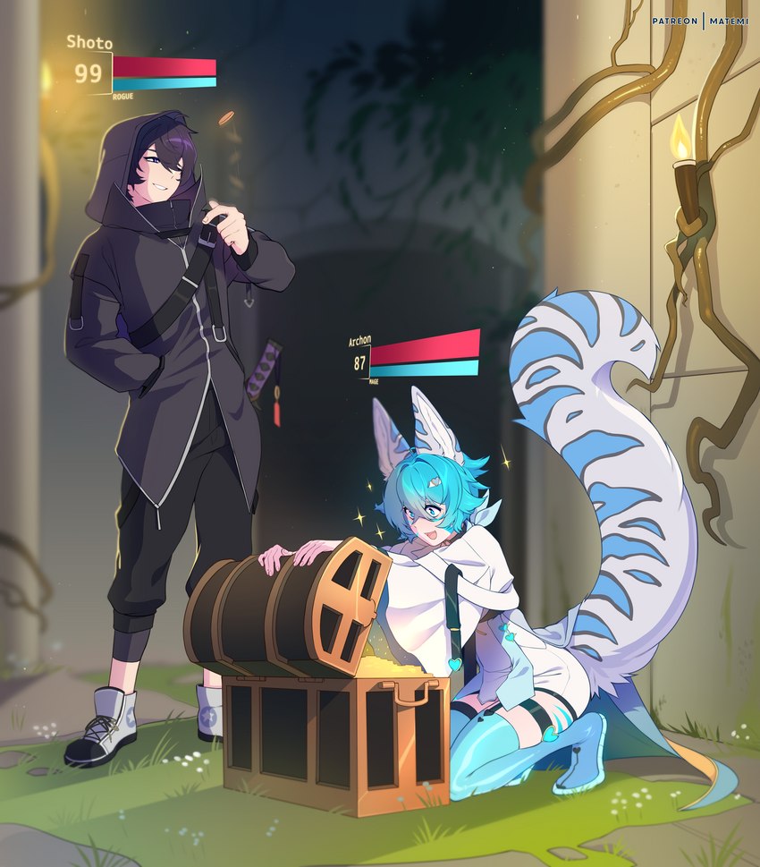 black_clothing blue_hair clothed clothing duo gameplay_mechanics grass hair male open_mouth open_smile plant smile tail torch treasure_chest white_clothing matemi vtuber archon_eclipse shoto_(vtuber) animal_humanoid felid felid_humanoid human humanoid mammal mammal_humanoid hi_res