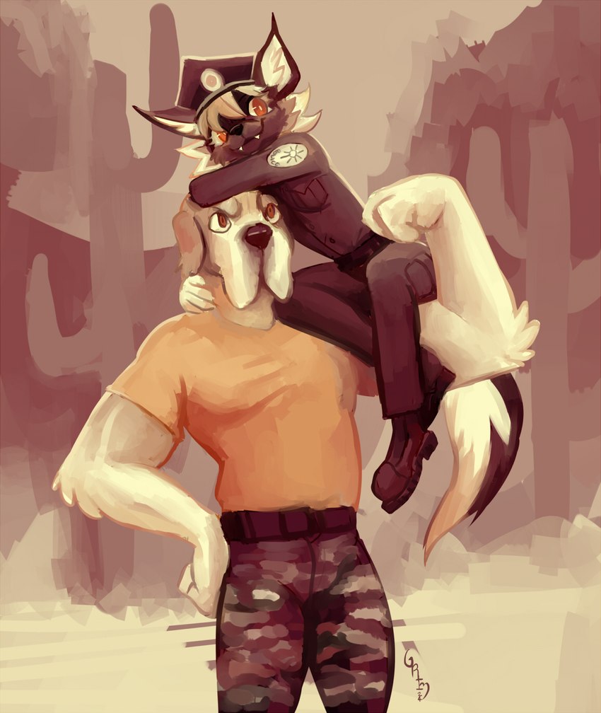 anthro belt biceps black_nose buckteeth cactus cheek_tuft clothing duo facial_tuft female flexing floppy_ears fur head_tuft holding_another inner_ear_fluff khaki_pants looking_at_viewer male muscular muscular_anthro muscular_male neck_hug plant police police_badge police_hat police_uniform pose red_eyes sepia_background shirt size_difference smile standing t-shirt teeth topwear tuft uniform white_body white_fur white_inner_ear_fluff yellow_clothing yellow_shirt yellow_t-shirt yellow_topwear grimart moxy_(grimart) canid canine canis domestic_dog german_shepherd great_dane herding_dog mammal mastiff molosser pastoral_dog digital_media_(artwork) hi_res signature