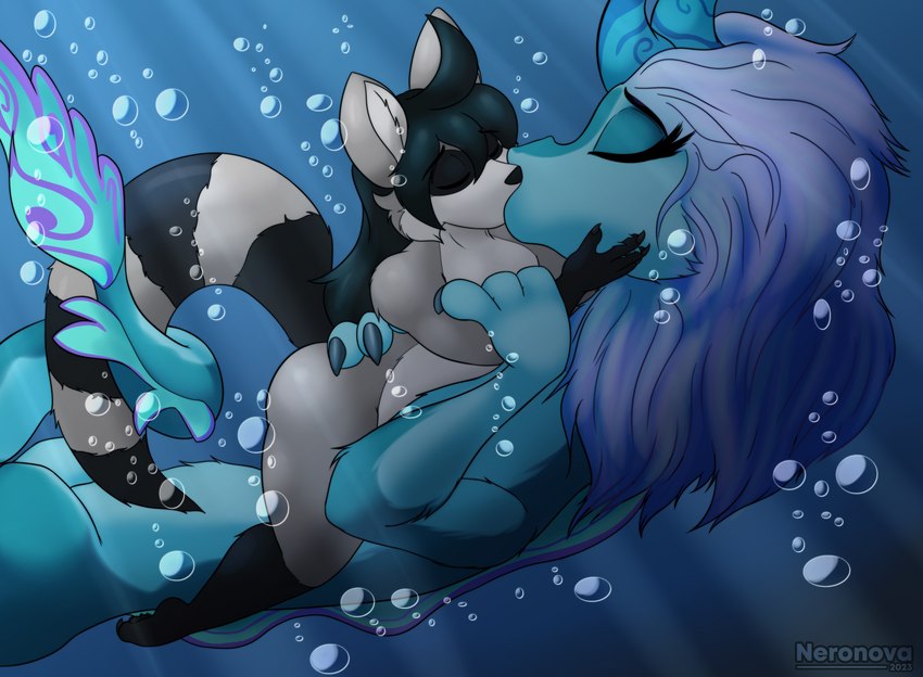 anthro black_hair blue_body blue_fur bubble canon_x_oc duo eyelashes eyes_closed female fur grey_body grey_fur hair kiss_on_lips kissing male markings purple_hair striped_markings striped_tail stripes tail tail_markings underwater water neronova disney raya_and_the_last_dragon nero_(neronova) sisu_(ratld) mammal procyonid raccoon 2023 artist_name digital_drawing_(artwork) digital_media_(artwork) hi_res