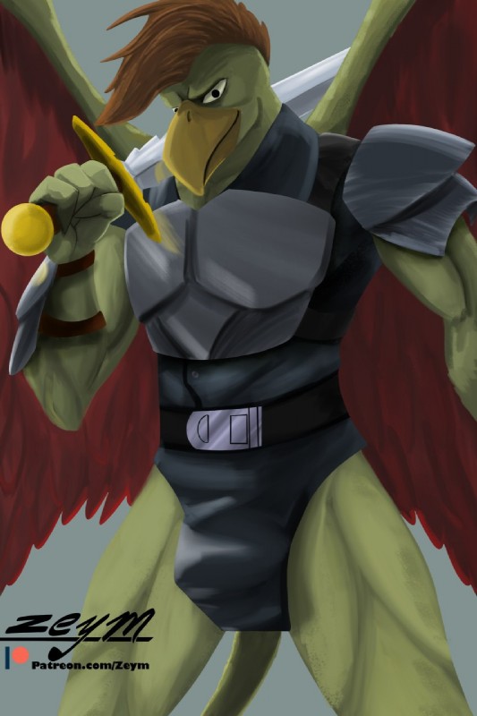 armor beak belt bracers bulge clothed clothing hair holding_object looking_at_viewer male melee_weapon membrane_(anatomy) membranous_wings muscular muscular_male shoulder_armor simple_background smile solo sword topwear weapon wings zeym disney gargoyles griff_(gargoyles) gargoyle 2020 digital_media_(artwork) hi_res