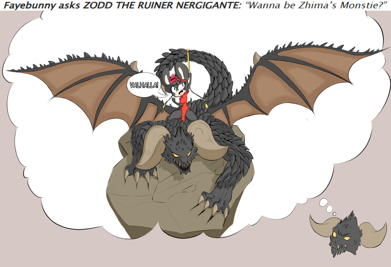 anthro ask_blog bangs big_horn black_body black_fur black_hair claw_marks claws clothing crossover_ship curved_horn dialogue dress ear_ribbon female fist flute fur hair happy_smile horn interspecies long_ears male male/female membrane_(anatomy) membranous_wings musical_instrument open_mouth open_smile raised_arm red_clothing red_dress ribbon_hair riding_on_back riding_on_head rock sharp_teeth smile spiked_tail spiked_wings spikes spikes_(anatomy) spread_wings tail teeth thick_thighs thought_bubble wind_instrument wings woodwind_instrument yellow_eyes thuparzipan xingzuo_temple fan_character zhima_(diives) goo_creature mammal mouse murid murine rodent ruiner_nergigante crossover hi_res story story_in_description