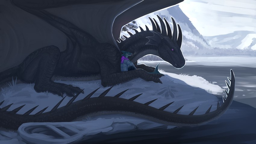 anthro black_body black_scales blue_eyes clothed clothing detailed_background duo feral head_spikes male membrane_(anatomy) membranous_wings outside purple_eyes scales scarf sitting size_difference sky snow spikes spikes_(anatomy) tail wings blackaures mythology dragon fish marine mythological_creature mythological_scalie scalie shark 16:9 2021 4k absurd_res hi_res widescreen