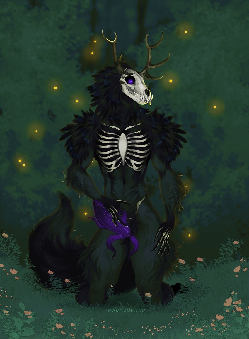 anthro antlers black_body black_feathers black_fur bone erection feathers flower fur genitals glans grass hand_on_penis horn kneeling male navel penis penis_tentacles plant pupils_only purple_eyes purple_penis rib_cage sharp_teeth skull skull_head solo tail tail_tuft teeth tentacles tuft unusual_anatomy unusual_genitalia unusual_penis maund_o american_mythology duskwalker_brides indigenous_north_american_mythology mythology north_american_mythology opal_reyne_(writer) nameless_(duskwalker_brides) duskwalker wendigo 2022 absurd_res artist_name hi_res official_art