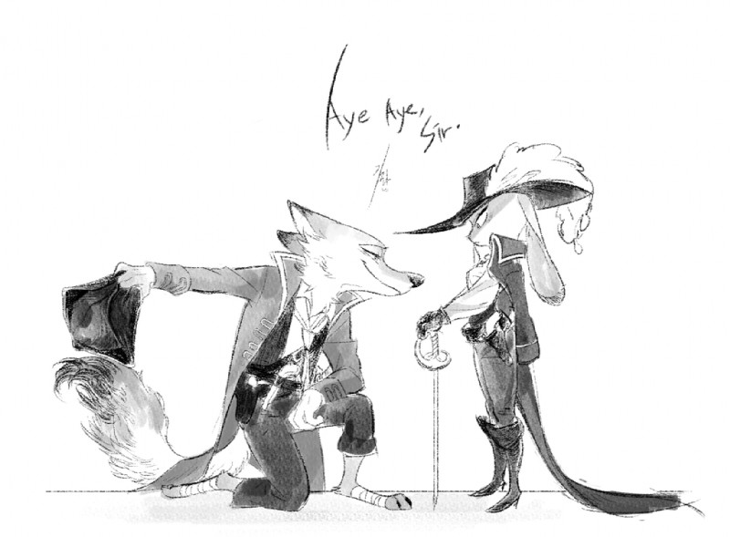 anthro barefoot boots bowing cape clothing dipstick_tail duo feathers feet female footwear frown fur grey_body grey_fur half-closed_eyes hat headgear headwear long_ears male markings melee_weapon multicolored_tail narrowed_eyes pirate pirate_hat shoes size_difference smile sword tail tail_markings weapon ganym0 disney zootopia judy_hopps nick_wilde canid canine fox lagomorph leporid mammal rabbit red_fox true_fox 2016 digital_media_(artwork) greyscale monochrome