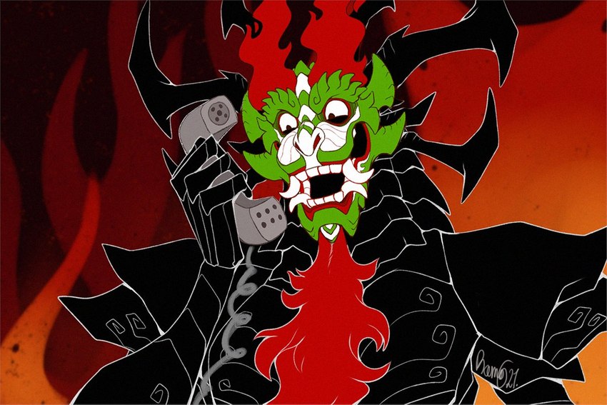 anthro black_body calling electronics facial_hair fangs fire goatee green_face humor landline_phone male open_mouth phone pseudo_hair sharp_teeth smile solo teeth galehowl extra_thicc_(meme) mythology samurai_jack aku demon demon_dragon dragon mythological_creature mythological_scalie scalie 2021 3:2 digital_media_(artwork) meme reaction_image signature