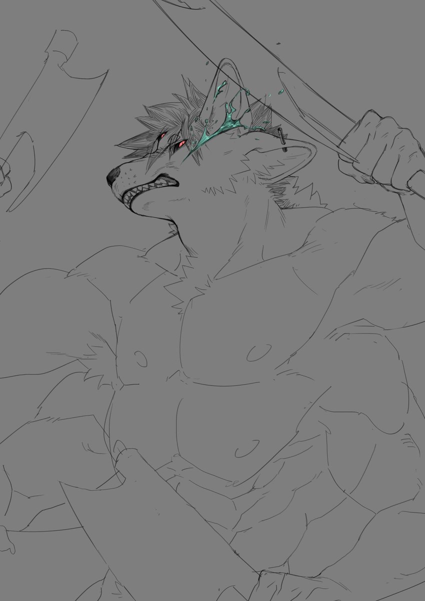 3_eyes 4_arms 4_ears 4_nipples 4_pecs anthro axe blood bodily_fluids clothed clothing hatchet male melee_weapon multi_arm multi_ear multi_eye multi_limb multi_nipple multi_pecs multifur muscular muscular_male nipples pecs solo sword topless weapon wounded siranuikawu canid canine mammal hi_res