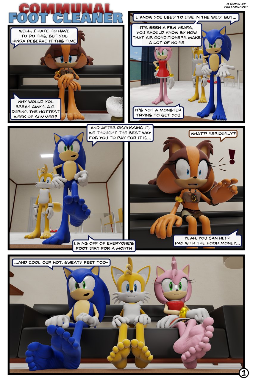 5_toes anthro barefoot dialogue feet female female/female foot_fetish foot_focus foot_play group male male/female soles speech_bubble text toes feetymcfoot sega sonic_boom sonic_the_hedgehog_(series) amy_rose miles_prower sonic_the_hedgehog sticks_the_jungle_badger badger canid canine eulipotyphlan fox hedgehog mammal mustelid musteline 3d_(artwork) absurd_res comic digital_media_(artwork) english_text hi_res