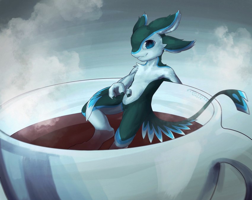 4_ears ambiguous_gender anthro cafe coffee_cup container cup feathered_wings feathers in_container in_cup multi_ear solo steam wings fishy_fizz caffeine_jasaka avali 2021