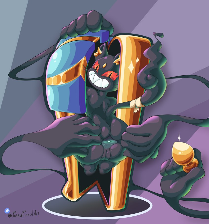 4_arms abstract_background anthro anus big_butt black_body black_skin butt buttplug curled_tail dark_body dark_skin ear_tuft female forehead_gem fusion gaping gaping_anus gem genitals glowing glowing_anus glowing_genitalia gold_(metal) grin grinning_at_viewer huge_butt looking_at_viewer looking_back multi_arm multi_limb plug_(sex_toy) pokemon_fusion presenting presenting_anus presenting_hindquarters pupils pussy pussy_from_back red_eyes sarcophagus sex_toy sharp_teeth simple_background slit_pupils smile smiling_at_viewer solo sparkles spread_anus spread_butt spreading tail tail_wraps teeth thick_thighs tuft whiskers wide_hips wraps pinkupinkish nintendo pokemon cofagrigus felid feline generation_1_pokemon generation_5_pokemon ghost mammal persian_(pokemon) pokemon_(species) spirit absurd_res hi_res signature