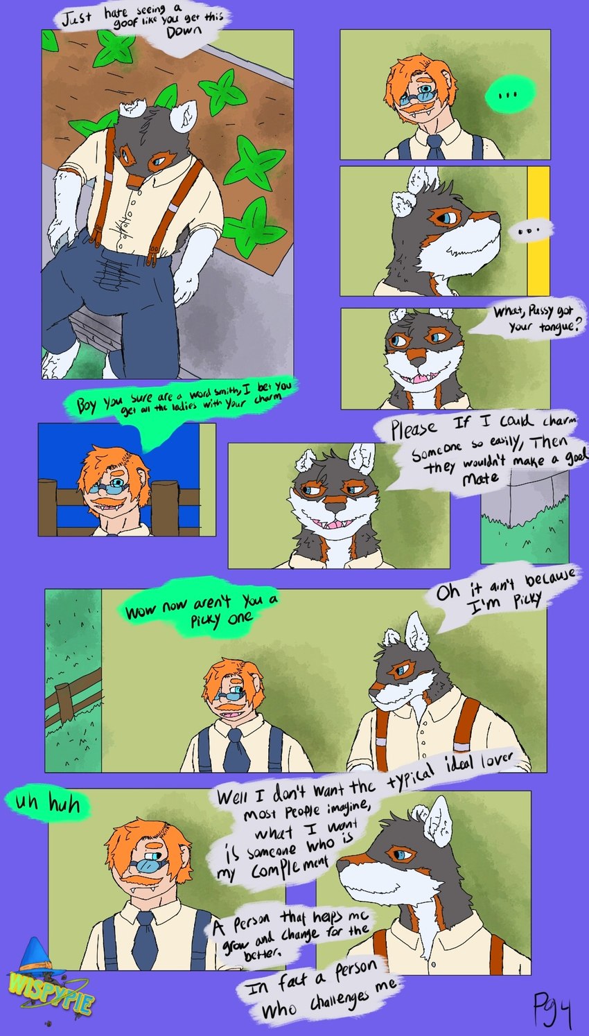 anthro black_body black_fur blue_eyes bottomwear brown_body brown_fur clothing comforting comic_panel dialogue dirt duo eyewear facial_hair fangs fence flirting fur fur_markings glasses grass hair looking_at_another male markings multicolored_body mustache necktie notched_ear orange_hair pale_skin pants plant shirt sitting sky smile speech_bubble suspenders talking_to_another teeth text topwear wall_(structure) white_body white_fur wispypie mythology canid canine human humanoid mammal mythological_canine mythological_creature vampire were werecanid werecanine werewolf comic digital_drawing_(artwork) digital_media_(artwork) english_text hi_res