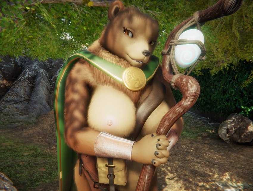 anthro armguard breasts cape clothing emblem exposed_breasts female forest holding_object looking_at_viewer nipples plant pouch_(clothing) rock rope solo staff tree blackdragontemeraire armello league_of_geeks sana_(armello) bear mammal 3d_(artwork) digital_media_(artwork)