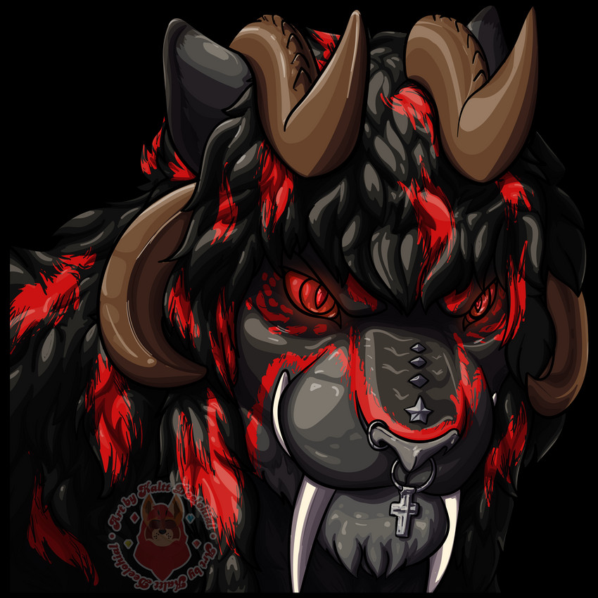 4_horns anthro biped black_body brown_horn dark facial_piercing glowing grey_nose horn lined markings multi_horn muscular nose_piercing piercing quimera red_eyes red_markings red_sclera shaing solo tusks kaltt_deelohial 1:1 absurd_res alpha_channel bust_portrait digital_media_(artwork) hi_res portrait