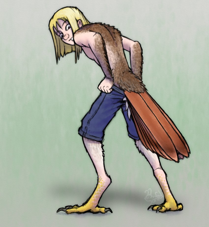 avian_feet blonde_hair claws clothed clothing feather_growth feathers feral growth hair long_hair male mid_transformation partially_clothed scale_growth scales simple_background solo species_transformation standing tail tail_feathers transformation sarifel animorphs accipitrid accipitriform avian bird human hybrid mammal