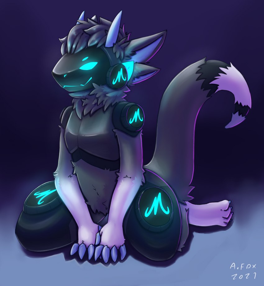 4_ears 4_toes anthro blue_eyes claws feet glowing horn kneeling machine male multi_ear solo toes mr.albafox meelix protogen 2021 absurd_res hi_res