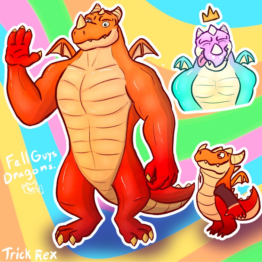 3_toes alternate_form claws clothing cosplay costume crown cute_fangs fangs feet group headgear horn male orange_body orange_skin pink_body red_body red_skin small_wings tail teeth text thick_thighs toes tongue waving_hand wings trick_rex activision european_mythology fall_guys mythology spyro_reignited_trilogy spyro_the_dragon magic_dragon_(fall_guys) dragon mythological_creature mythological_scalie scalie western_dragon 1:1 absurd_res english_text hi_res