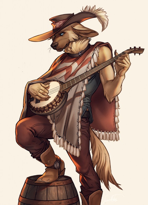 anthro arm_tuft banjo_(instrument) barrel belt blue_eyes boots bottomwear brown_nose cheek_tuft claws clothed clothing collar cowboy_boots denim denim_bottomwear denim_clothing elbow_tuft facial_tuft feather_ornament footwear front_view fully_clothed fur hat hat_feather hat_ornament headgear headwear holding_musical_instrument holding_object jeans loose_feather male musical_instrument musician neck_tuft pants playing_music plucked_string_instrument poncho pose serious shirt shoes simple_background slouch_hat solo standing step_pose string_instrument tan_body tan_fur tank_top tassels three-quarter_view topwear tuft white_background sinealas canid canine canis domestic_dog mammal hi_res portrait