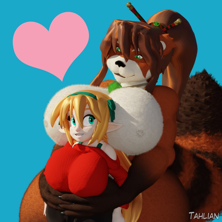 accessory anthro big_breasts big_tail bow_(feature) bow_accessory bow_ribbon breasts brown_body brown_fur brown_hair claws clothing curvy_figure duo eyelashes featureless_breasts female fingers fluffy fluffy_tail freckles fur geometric_background green_eyes hair hair_accessory hair_bow hair_ribbon heart_background heart_symbol hug huge_breasts hugging_another hugging_from_behind humanoid_pointy_ears jewelry light-skinned_female light_body light_skin long_hair long_tail multicolored_body multicolored_fur necklace nude orange_hair pointy_ears ponytail red_body red_fur ribbons short_stack simple_background size_difference smile standing sweater tail teal_eyes thick_thighs topwear voluptuous white_body white_fur wide_hips tahlian blizzard_entertainment warcraft felicia_(tahlian) kimiko_(tahlian) bear elf humanoid mammal pandaren red_pandaren 1:1 2021 3d_(artwork) artist_name blender_(artwork) digital_media_(artwork) hi_res watermark