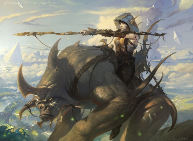 atmospheric_perspective duo female feral holding_object holding_weapon horn humanoid_pointy_ears landscape riding saddle side_view sky straddling weapon victor_adame_minguez hasbro magic:_the_gathering wizards_of_the_coast elf humanoid monster scalie official_art signature