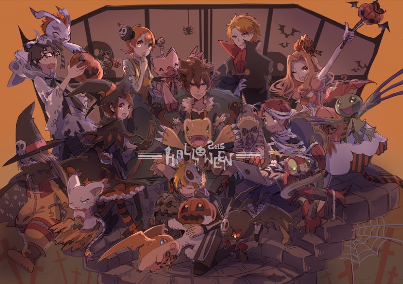 blue_eyes brown_hair clothed clothing computer dress electronics eyes_closed fangs female food fruit group hair head_wings holidays horn jack-o'-lantern laptop male membrane_(anatomy) membranous_wings plant pumpkin teeth unusual_wing_placement wings vav bandai_namco digimon halloween hikari_kamiya izzy_izumi joe_kido matt_ishida mimi_tachikawa sora_takenouchi taichi_kamiya takeru_takaishi agumon avian bird biyomon demidevimon digimon_(species) felid gabumon gatomon gotsumon human mammal palmon patamon tentomon wizardmon 2005