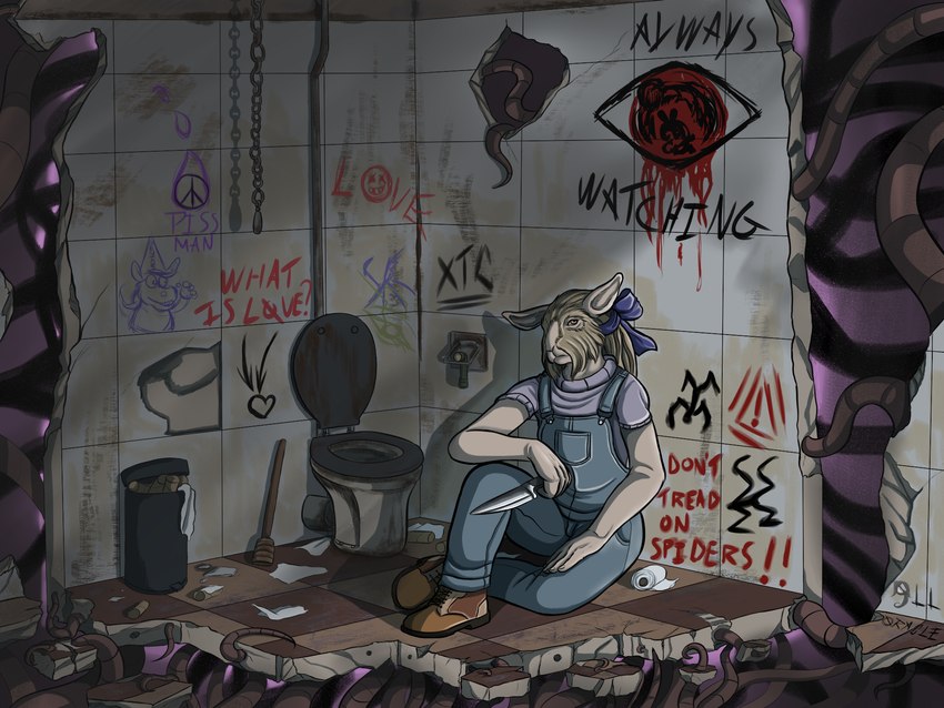 5_fingers anthro bathroom blonde_hair brown_eyes clothed clothing creepy dirty female fingers footwear graffiti hair hand_on_leg holding_object holding_weapon knife looking_away messy overalls purple_background ribbons ruins rust shoes simple_background sitting solo tentacles toilet toilet_paper trash_can wall_(structure) weapon ill_oracle lagomorph leporid mammal rabbit 4:3 hi_res