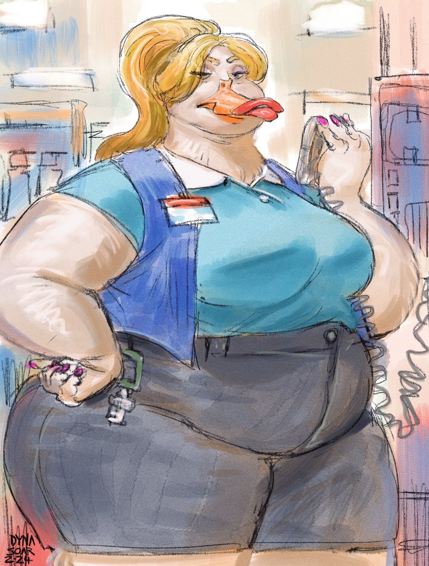 anthro beak beak_lips beakstick big_breasts big_butt blonde_hair blue_clothing blue_topwear blue_vest bottomwear breasts butt clothed clothing collared_shirt colored_nails disgruntled electronics eyebrows eyelashes feathers female furgonomics hair half-closed_eyes hand_on_hip high_waisted_bottomwear high_waisted_shorts inside lips lipstick makeup mature_female nails name_tag narrowed_eyes orange_beak overweight overweight_female pink_nails ponytail retail retail_worker shelf short_sleeved_shirt shorts topwear vest walkie-talkie white_body white_feathers wide_hips dyna_soar diane_(zac_impact) anatid anseriform avian bird duck 2024 digital_drawing_(artwork) digital_media_(artwork) digital_painting_(artwork) digital_watercolor_(artwork) guide_lines hi_res portrait signature sketch three-quarter_portrait