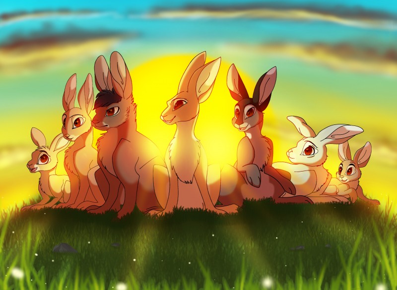 ambiguous_gender brown_eyes day detailed_background feral fur grass group hlagomorph outside plant sitting sky tan_body tan_fur plaguedogs123 watership_down bigwig_(watership_down) fiver_(watership_down) hazel_(watership_down) lagomorph leporid mammal rabbit 2019 absurd_res digital_media_(artwork) hi_res