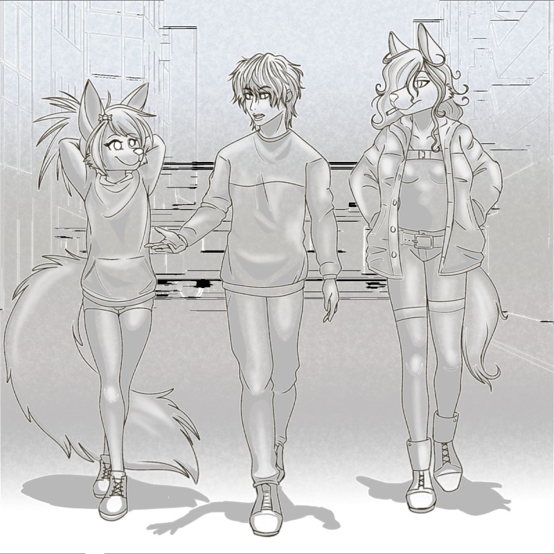 anthro belt black_bars building cigarette clothing female femboy footwear fur gesture group hair hand_gesture hoodie jacket long_hair long_tail male shoes sweater tail topwear train trio vehicle walking foxtrap canid canine fox human mammal 1:1 hi_res letterbox monochrome