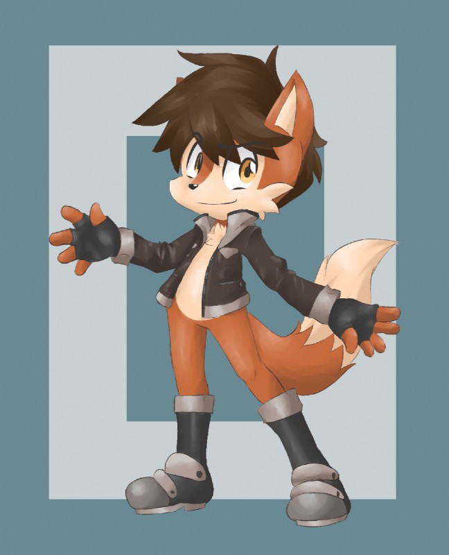 anthro black_nose boots brown_body brown_fur clothed clothing footwear fur gloves hair handwear jacket looking_at_viewer male shoes smile solo standing topwear yellow_eyes earthb-kun canid canine fox mammal 2016 digital_media_(artwork) hi_res