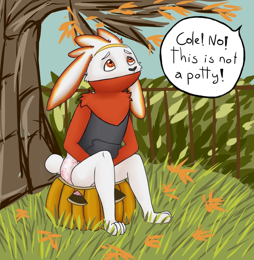 anthro bunnyhopps_(diaper) clean_diaper clothed clothing diaper food fruit holidays hoodie male pink_diaper plant potty potty_training pumpkin solo text topwear wearing_diaper marealeopard abuniverse bunnyhopps halloween nintendo pokemon cole_murphy generation_8_pokemon lagomorph leporid mammal pokemon_(species) raboot english_text hi_res story story_at_source story_in_description