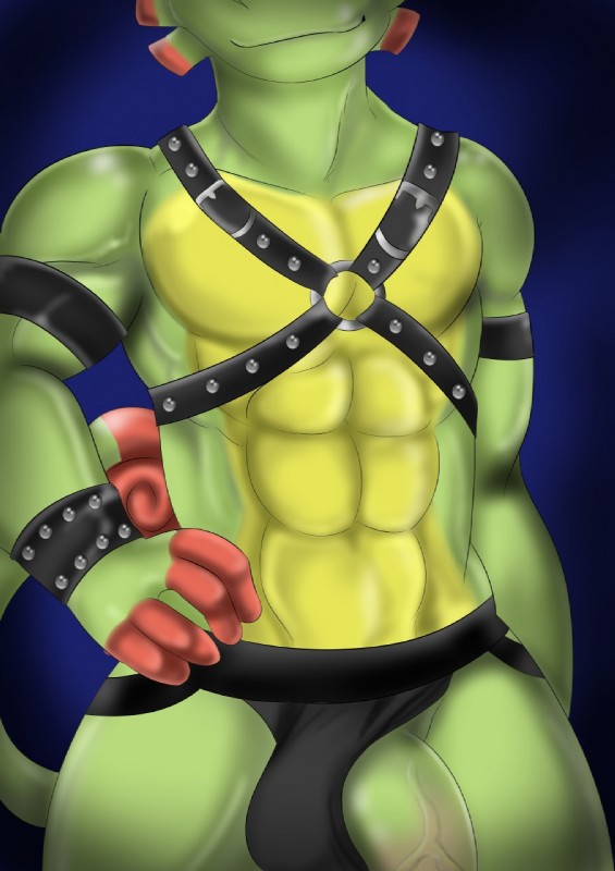 abs anthro big_penis bondage_gear bulge clothing clothing_aside flaccid genitals humanoid_genitalia humanoid_penis jockstrap male muscular muscular_anthro muscular_male pecs penis simple_background smile solo standing underwear underwear_aside vein veiny_penis checkhoff playtonic_games yooka-laylee yooka chameleon lizard reptile scalie 2019 digital_media_(artwork) hi_res