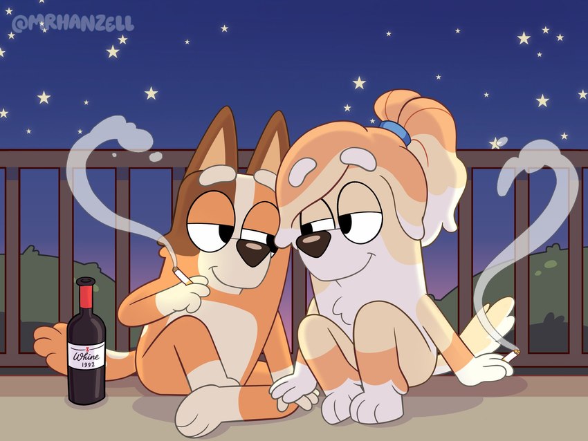 adolescent aged_down alcohol anthro beverage brown_body brown_fur cigarette duo ears_tied_back female fur night orange_body orange_fur ponytail_ears sitting sitting_on_ground smoke tan_body tan_fur underage_drinking underage_smoking wine wine_bottle young mrhanzell bluey_(series) chilli_heeler frisky_(bluey) australian_cattle_dog bird_dog canid canine canis cattledog cocker_spaniel domestic_dog herding_dog hunting_dog mammal pastoral_dog spaniel hi_res