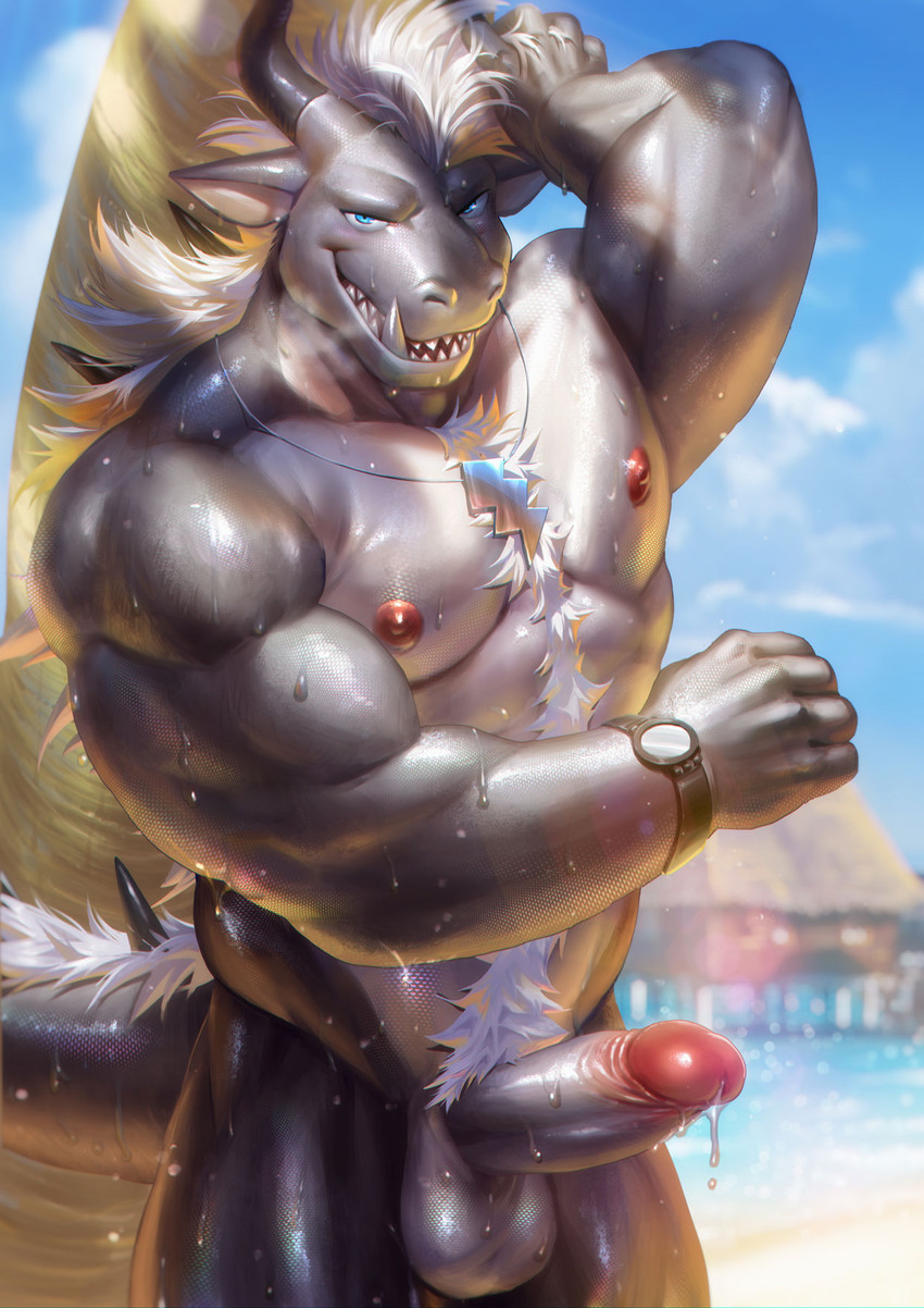 abs anthro balls beach biceps blue_eyes bodily_fluids body_hair chest_hair claws clock dripping erection fangs genital_fluids genitals grey_body hair happy_trail horn humanoid_genitalia humanoid_penis jewelry lifeguard looking_at_viewer male mane mane_hair muscular muscular_anthro muscular_male necklace nipples nude open_mouth outside pecs penis precum precum_drip pubes quads sand scales seaside sharp_teeth skinny_dipping solo spikes standing surfboard tail teeth triceps vehicle watch water watercraft wet white_hair nviek5 mythology dragon mythological_creature mythological_scalie scalie 2020 hi_res portrait three-quarter_portrait