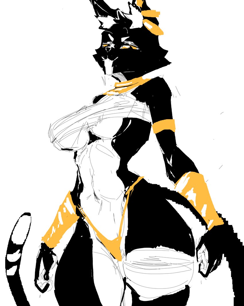 anthro big_breasts black_body black_fur breasts clothed clothing ear_piercing female fur jewelry piercing simple_background solo tail thick_thighs topwear whiskers white_body white_fur wide_hips yellow_sclera kingsus bacardi_(muart242) domestic_cat felid feline felis humanoid mammal absurd_res hi_res