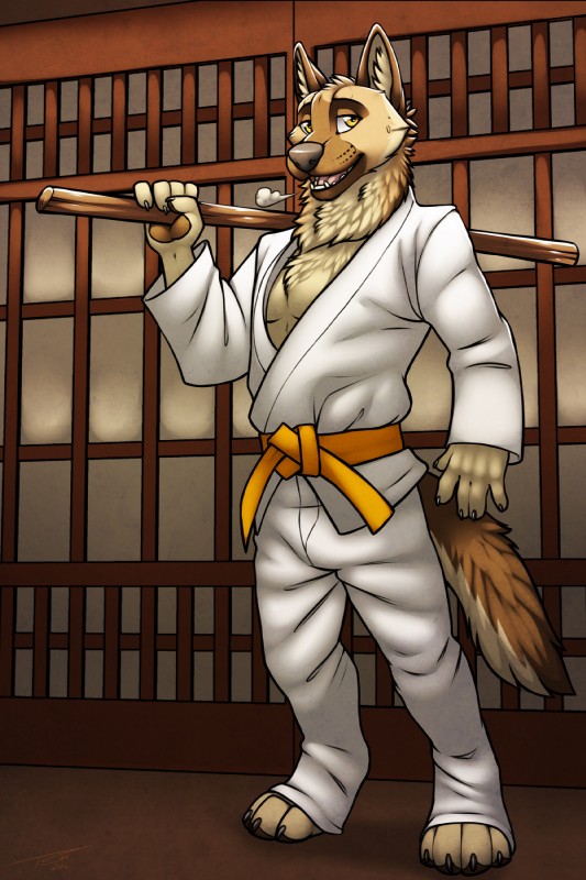 4_toes 5_fingers anthro belt bottomwear breath claws clothed clothing digitigrade dojo feet fingers fully_clothed fur holding_object inner_ear_fluff keikogi looking_aside looking_at_viewer male martial_arts_uniform orange_belt pants pose smile solo sportswear staff tan_body tan_fur toes tuft yellow_eyes tsaiwolf aniel canid canine canis domestic_dog german_shepherd herding_dog mammal pastoral_dog 2:3 hi_res