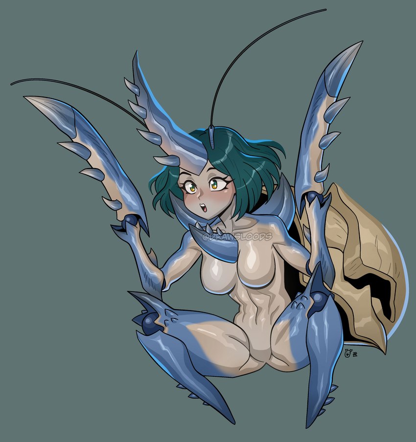 action_pose alternate_species antennae_(anatomy) blue_body breasts featureless_breasts featureless_crotch female green_hair grey_background hair humanoidized nude pose shell simple_background solo gureko11 capcom monster_hunter animal_humanoid arthropod arthropod_humanoid carapaceon ceanataur crustacean crustacean_humanoid humanoid marine marine_humanoid 2022 absurd_res full-length_portrait hi_res portrait