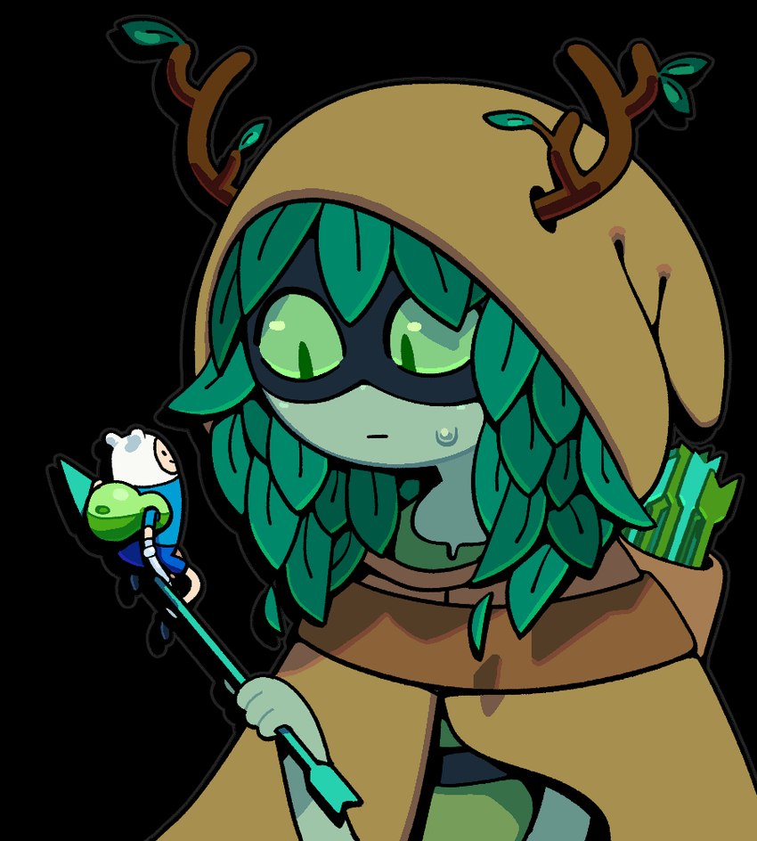 ambiguous_gender antlers arrow_(weapon) bodily_fluids duo hood horn leaf leaf_hair mask micro not_furry plant plant_hair pseudo_hair ranged_weapon sitting sweat toony weapon discount-supervillain adventure_time cartoon_network finn_the_human huntress_wizard elemental_creature elemental_humanoid flora_fauna human humanoid mammal plant_humanoid