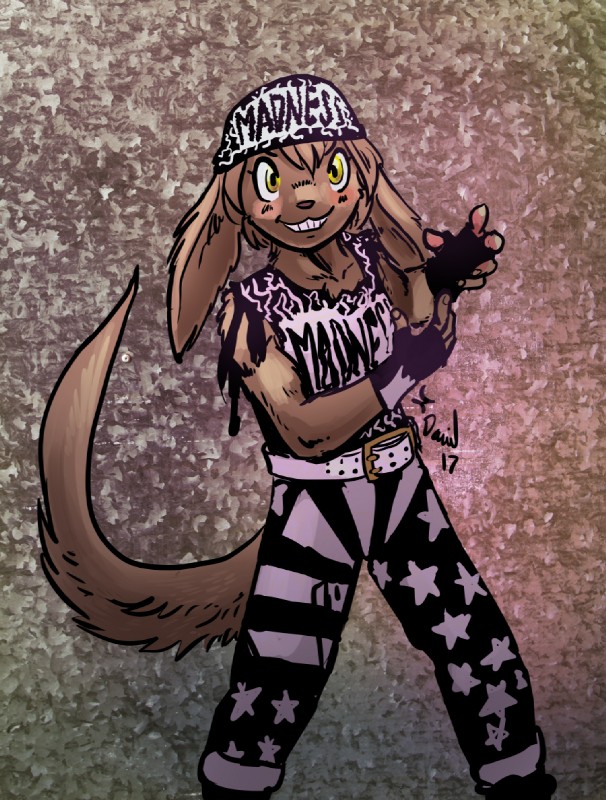 ambiguous_gender anthro blush bottomwear brown_body brown_fur clothing fur gloves handwear kerchief macho_madness pants sleeveless smile solo the_cream yellow_eyes p5ych twokinds macho_man_randy_savage madelyn_adelaide basitin mammal