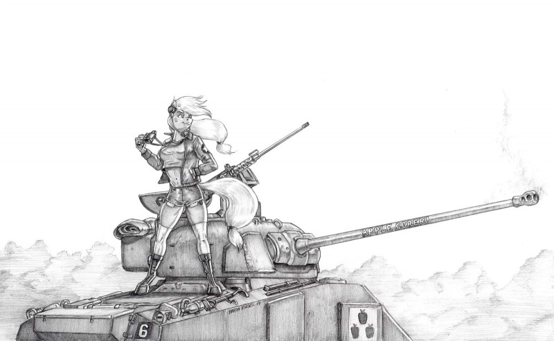 anthro anthrofied binoculars boots bottomwear breasts clothing female footwear gun hair jacket long_hair m2hb m4_sherman_(tank) machine_gun ranged_weapon rifle sherman_(tank) shoes shorts solo tank topwear vehicle weapon baron_engel friendship_is_magic girls_und_panzer hasbro my_little_pony applejack_(mlp) earth_pony equid equine horse mammal pony crossover hi_res traditional_media_(artwork)