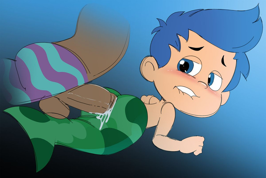 balls blue_hair blush bodily_fluids cum dark_body dark_skin duo genital_fluids genitals hair humanoid_genitalia humanoid_penis male male/male penis shota split_form young young_humanoid young_male jerseydevil bubble_guppies gil_(bubble_guppies) goby_(bubble_guppies) humanoid marine merfolk