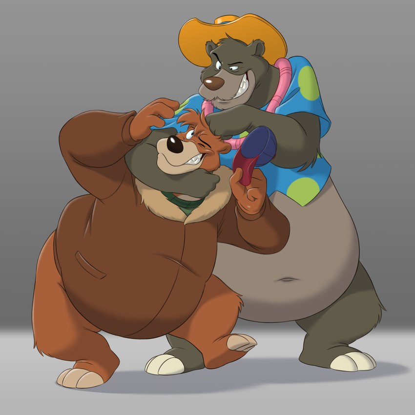 aged_up anthro brown_body brown_fur clothing duo fur grey_body grey_fur hat headgear headwear jacket male noogie overweight overweight_male topwear pokelai disney ducktales ducktales_(2017) talespin the_jungle_book baloo kit_cloudkicker bear mammal sloth_bear ursine 1:1 hi_res